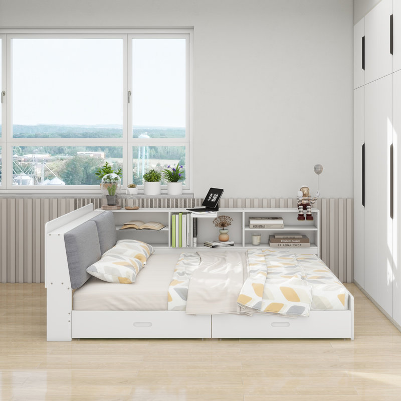 Lit plateforme en bois avec tête de lit, tablettes et 2 tiroirs, Blanc, Lit double