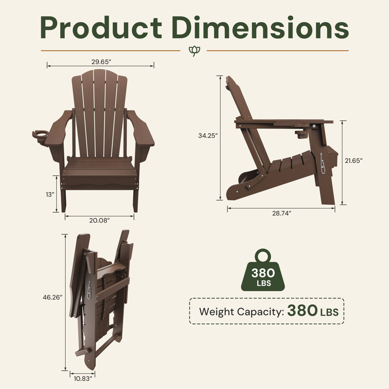 Brown All-Weather HDPE Plastic Folding Adirondack Chair with Cup Holder for Patio & Garden (Set of 2), Brown, 2