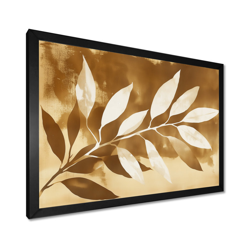 Branche d'olivier dorée en sépia III - Tableau botanique moderne encadré, H 24 po x l 32 po, Black Picture Framed