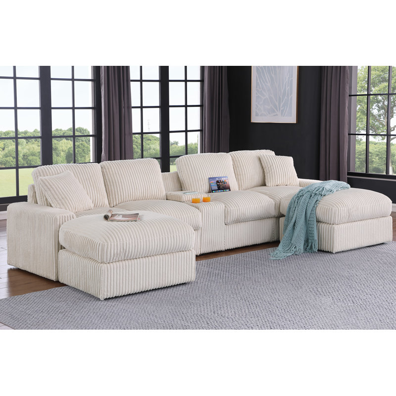 Bonaira Modular Sectional With Cupholder Console, Beige Polyester
