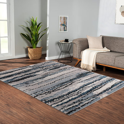 Watercolor Abstract Area Rug, Blue Hue, And , High Traffic Compatible, Easy Clean, 5X7 Modern Stripe, Color, Pile, To Maintain, Feet
