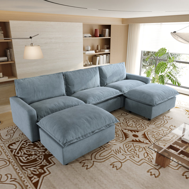 5-Piece Upholstered Modular Linen Fabric Sectional Sofa With Ottoman, Blue Linen, 35.04" H x 116.14" W x 59.44" D