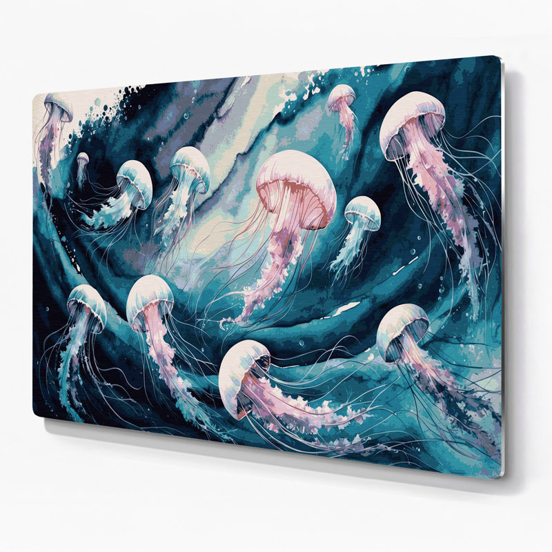 Art mural en métal bleu méduse nautique, H 11 po x l 14 po