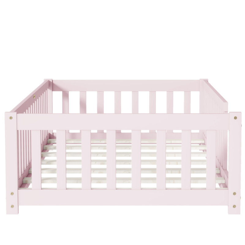 Lit simple rose avec clôture, bois d'hévéa, 7 lattes pour un support de matelas robuste, facilite le changement de sommeil en bois et en contreplaqué, Transition Co - Sleeping To