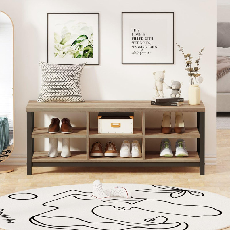 Banc de rangement rustique avec tablettes réglables, Chêne rustique
