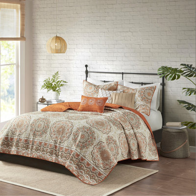 Ensemble de courtepointe réversible 6 pièces avec coussins décoratifs orange double / grand