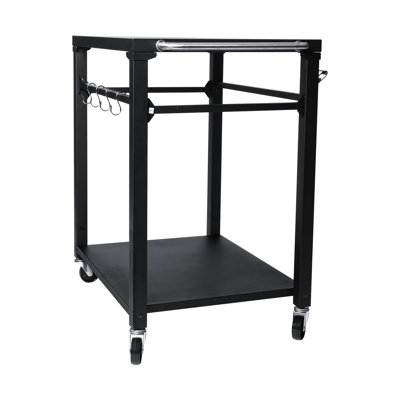 Chariot de service extérieur noir 2 avec roues verrouillables et crochets porte-outils, support mobile pour four à pizza, barbecue facile à nettoyer et à entretenir, couleur noire, polyvalent pour terrasse, jardin, four, sécurisé