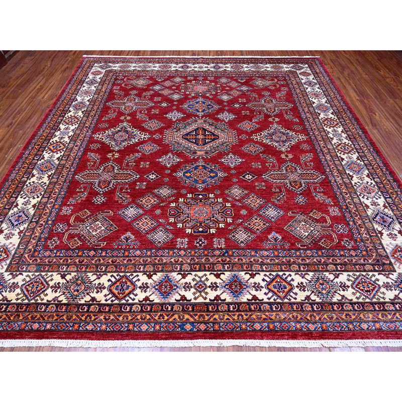 Tapis carré rouge en laine noué à la main super Kazak 9 pi 9 po x 9 pi 11 po Scarlet