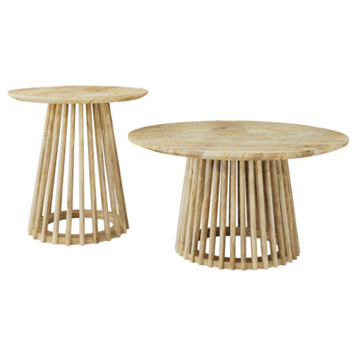 Trey 2Pc Round Coffee and End Table Set, Slatted Base, Mango Wood