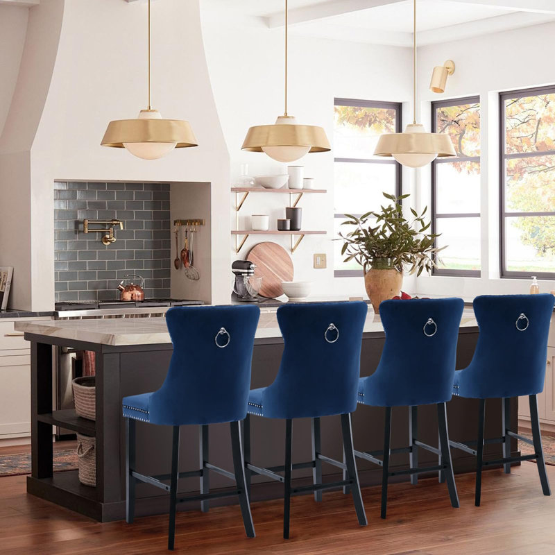 Modern Velvet Upholstered Bar Stools, Blue