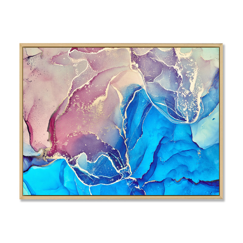 " Blue And Purple Liquid Art I " Print, 30" H x 40" W, Maple Floater Frame