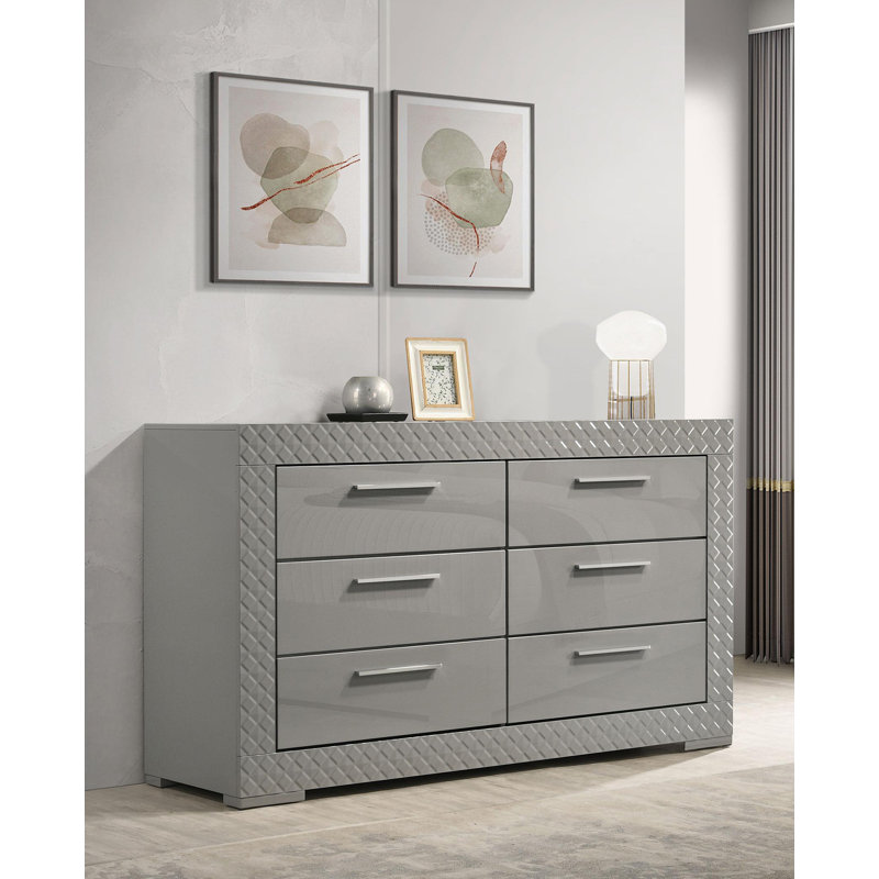 Commode 6 tiroirs gris ultrabrillant