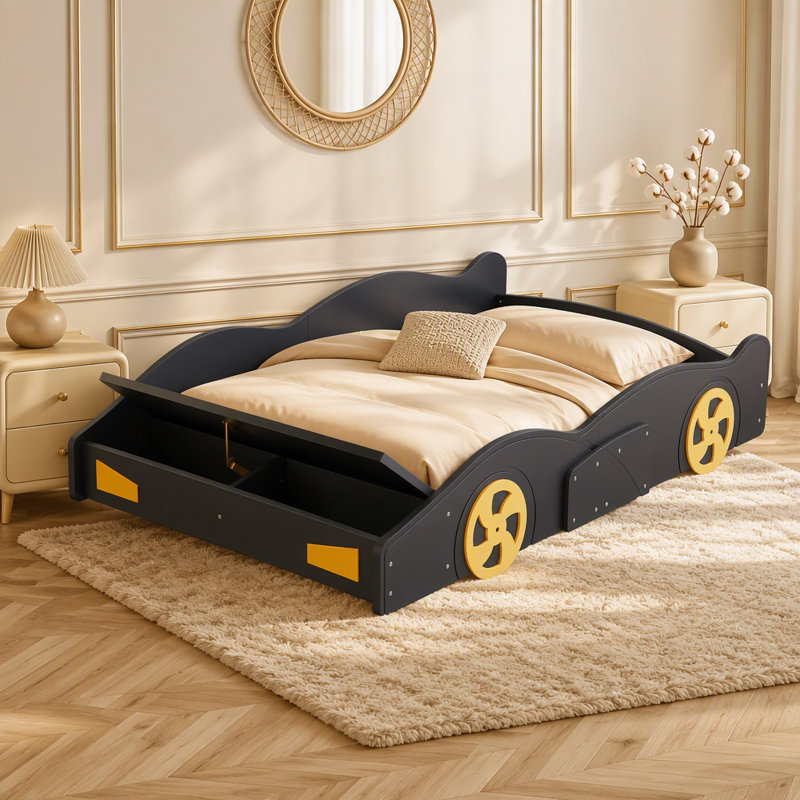 Lit plateforme innovant en forme de voiture de course avec roues et rangement pour plus de confort et de fonctionnalité dans la chambre à coucher