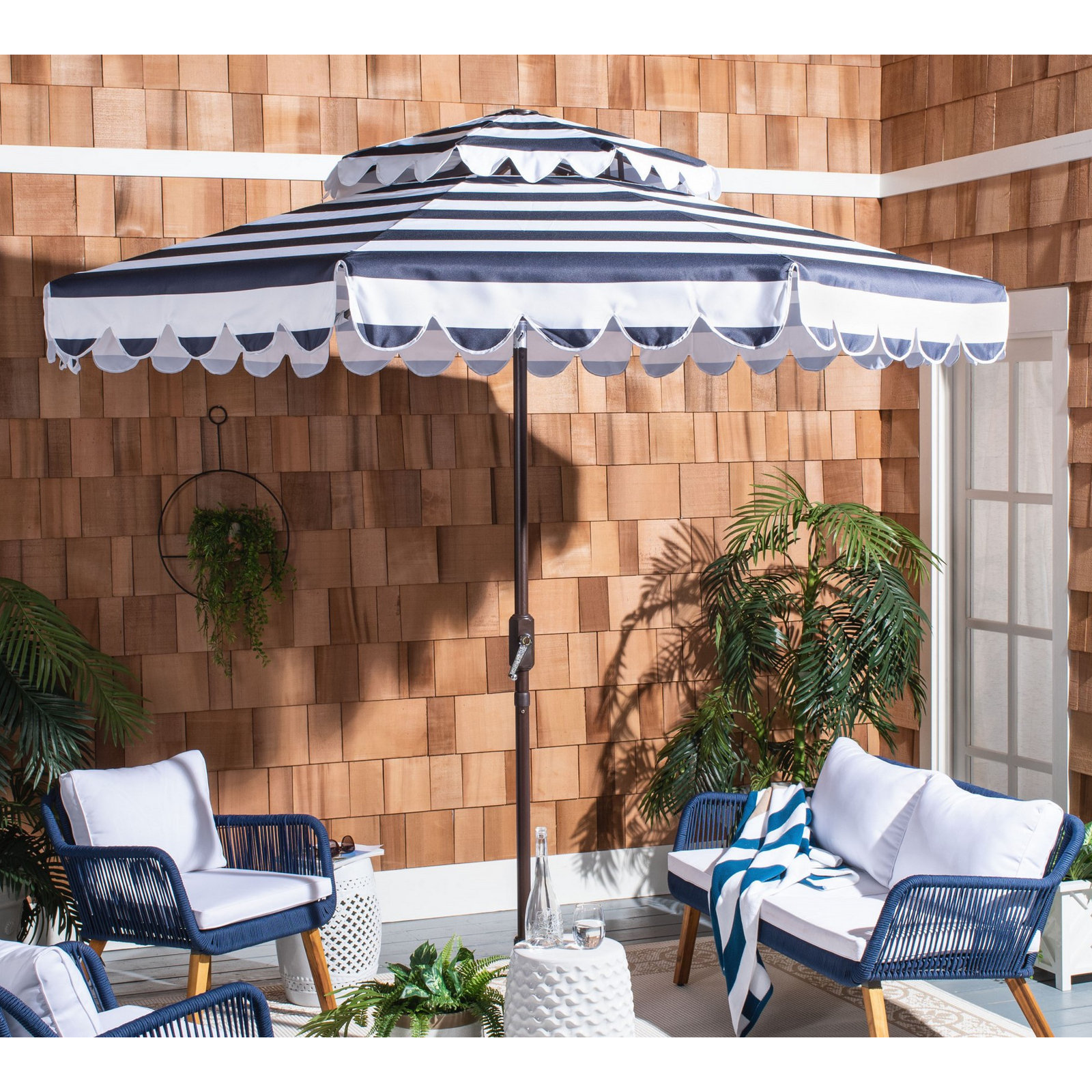 Cali 101.2'' Outdoor Umbrella, Navy/White, Brown