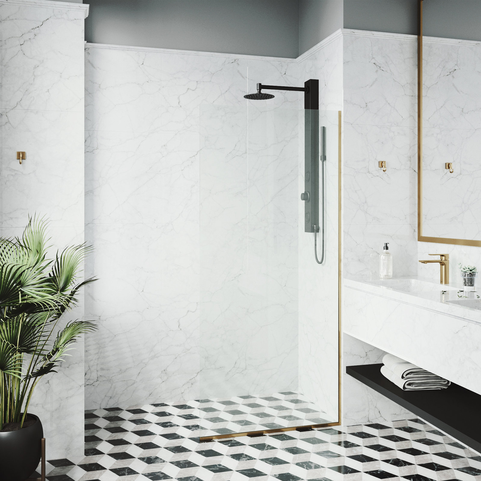Zenith Frameless Fixed Shower Screen, Matte Gold Clear 