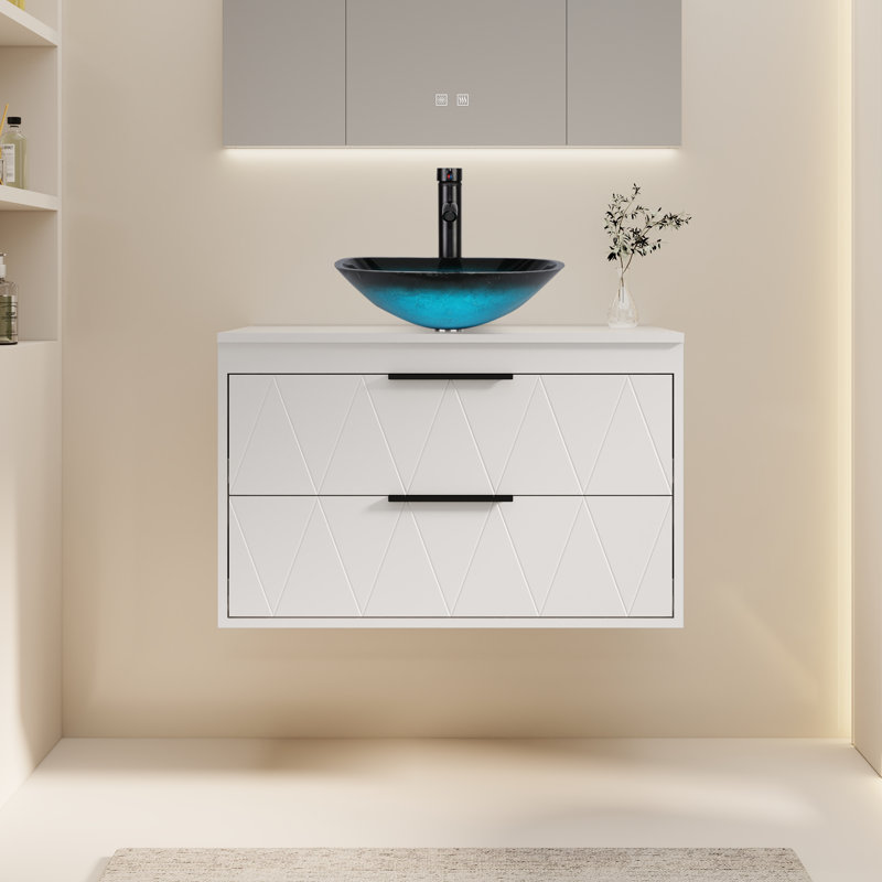 Sharee 30" Wall Mount Bathroom Vanity With Vessel Sink, Teal, White