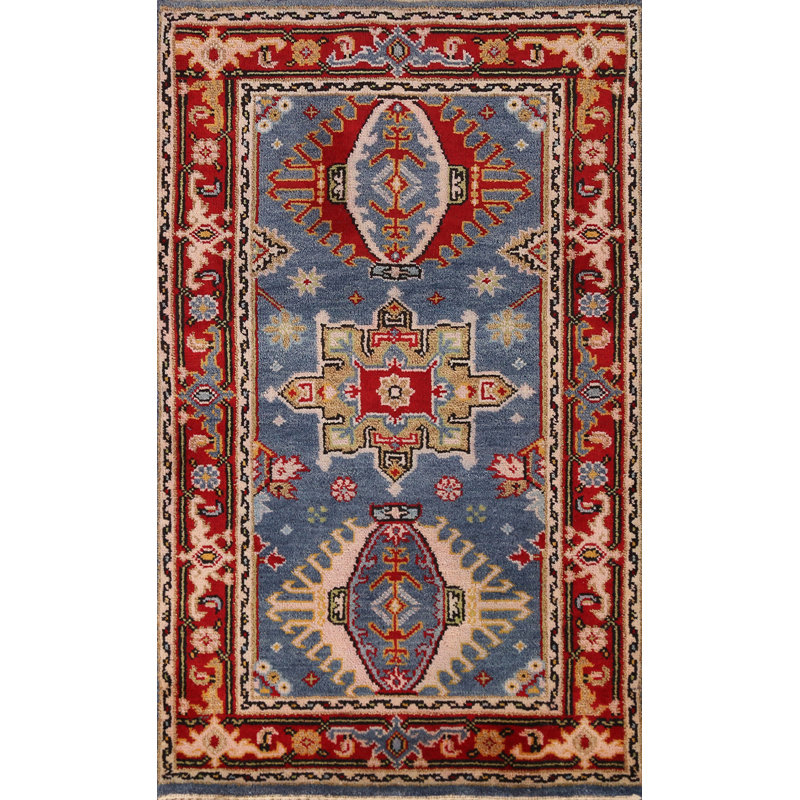 Tapis indien bleu à motif géométrique 3x5