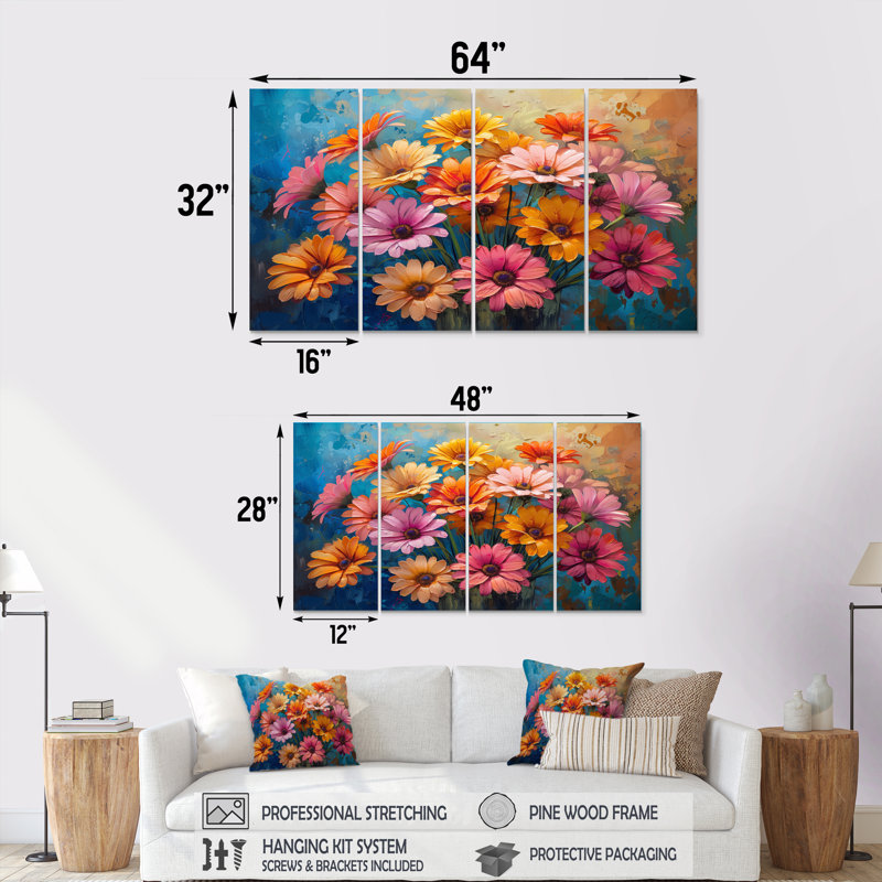 «Vibrant Bloom of Multicolor Daisies Flowers I - Daisies», ensemble d'art sur toile, H 32 po x l 64 po