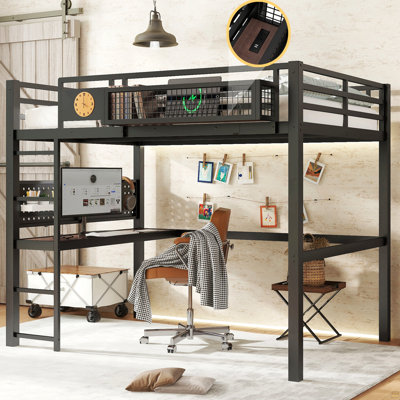 Full Size Loft Bed Frame with desk, storage basket,Metal Loft Bed with clock,and charging port,Black