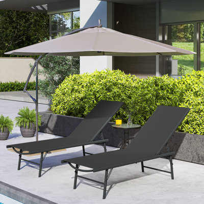 2 PCs Folding Outdoor Lounge Chairs w/ Adjustable Back, Black