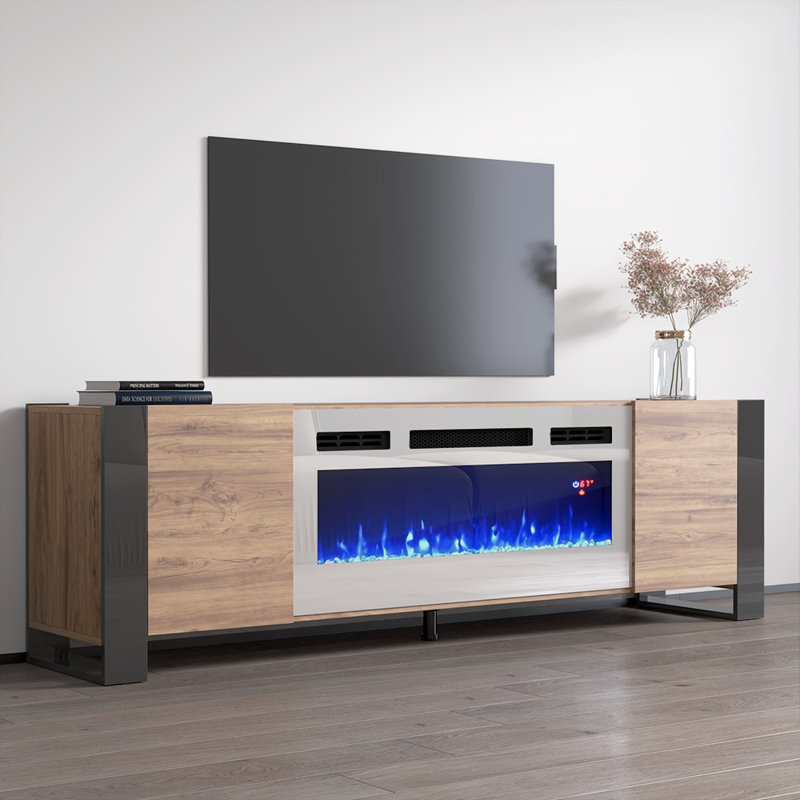 Rickeisha TV Stand for TVs up to 85" with Electric Fireplace Included, Oak/Gray