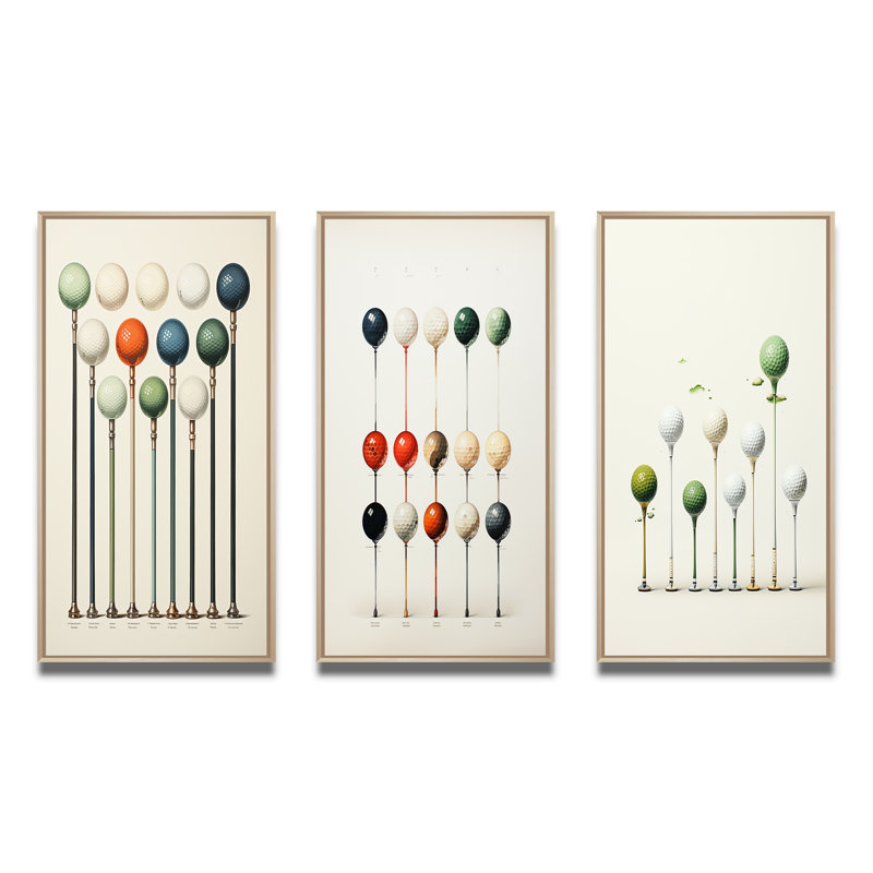 Minimalisme, jeu de tees de golf - ensemble d'art mural de golf 3 pièces, H 40 po x l 60 po, Encadré naturel