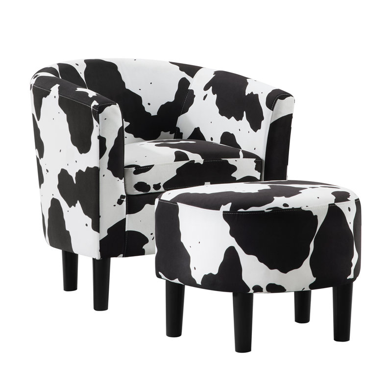 Anges Upholstered Barrel Chair with Ottoman, Black Cow Print Polyester