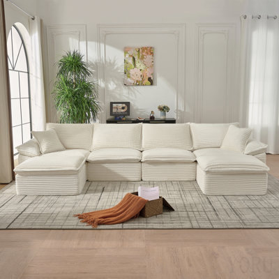 144" Sectional Sofa - U-Shape Sofa-Oversized Corduroy Cloud Couch With Movable Ottoman Soft Modern Comfy And No Assembly Sofa Set For Living Room Apartment Office, Beige