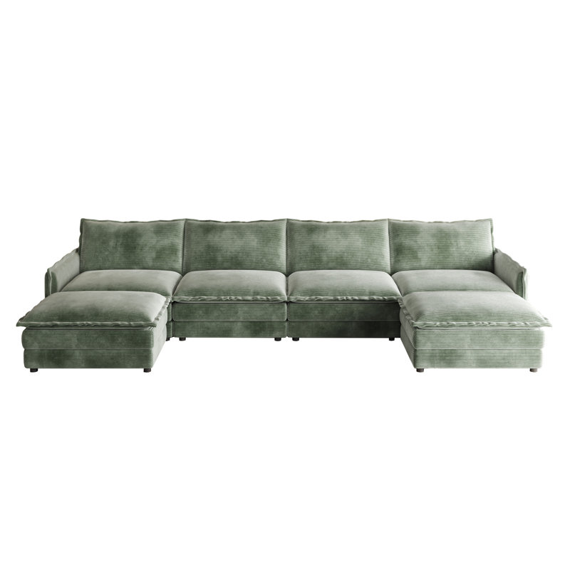 Oversized Deep Seat U Shaped Couch Set, 33" H x 142" W x 58" D, 6, Green