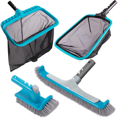4 Piece Pool Cleaning Tool Kit with Curved Brush Rotatable Scrubber Leaf Rake Skimmer Net, Pole Not Included