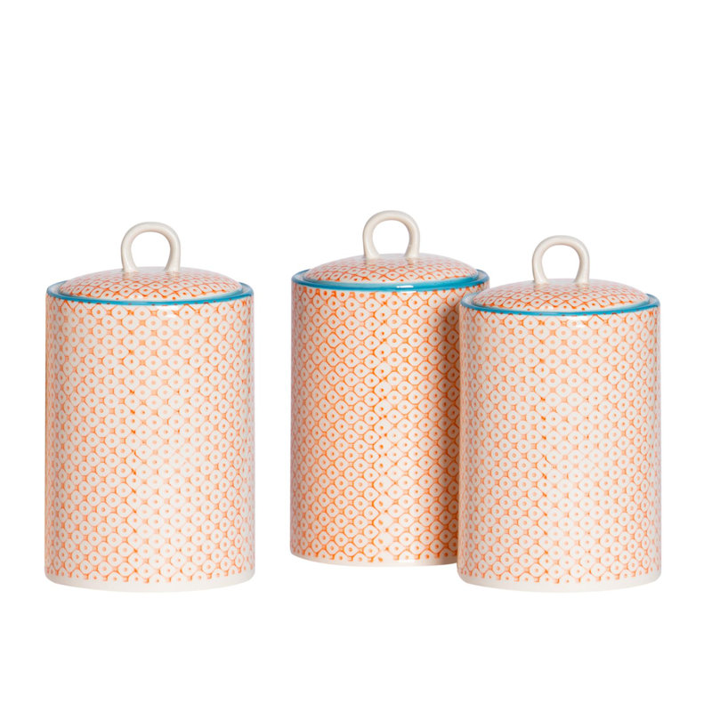 Nicola Spring Hand-Printed Kitchen Canisters - 1 Litre - Orange - Pack of 3
