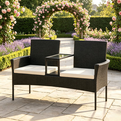 2-Seat Patio Loveseat, PE Wicker Conversation Set with Built-in Storage Shelf, Glass Coffee Table & Soft Cushions, All Weather Outdoor Rattan Furniture for Garden Porch Backyard, Beige