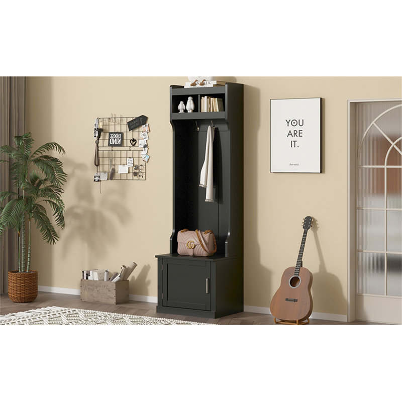 ON-TREND Minimalist Slim Hall Tree With Cabinet & 6 Hanging Hooks, Black