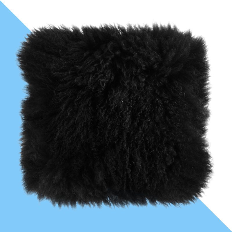 Coussin décoratif carré avec sa housse en laine d'agneau Iyana, Carré 16 po, Noir