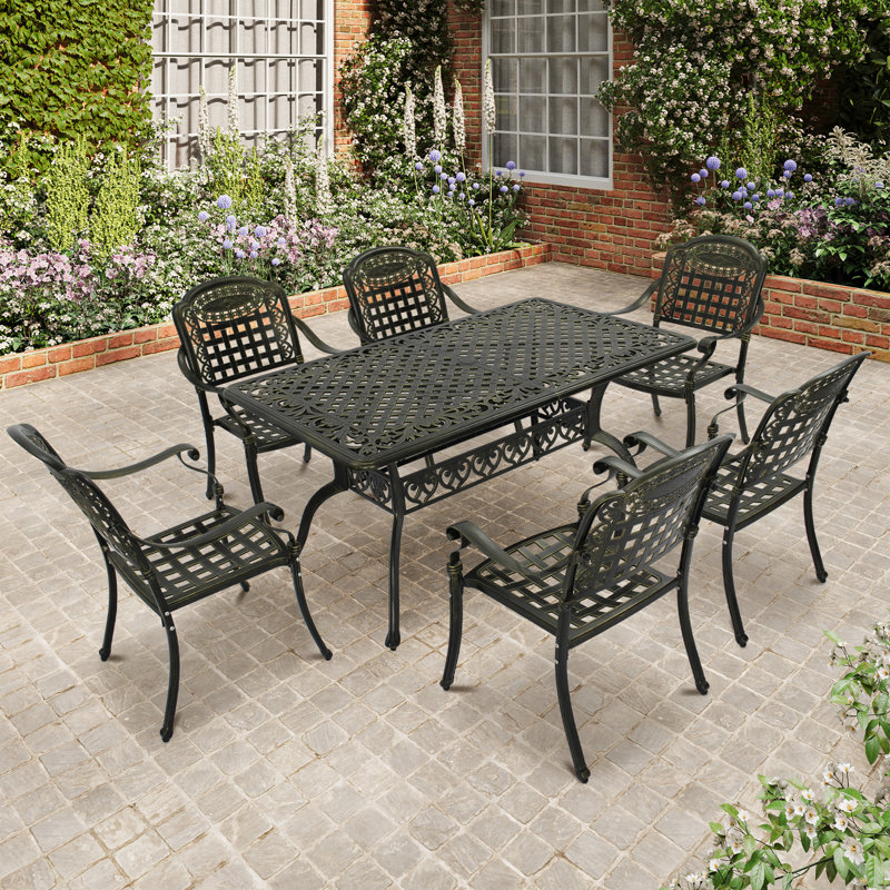 Ensemble repas extérieur rectangulaire pour 6 personnes avec trou pour parasol Elegant