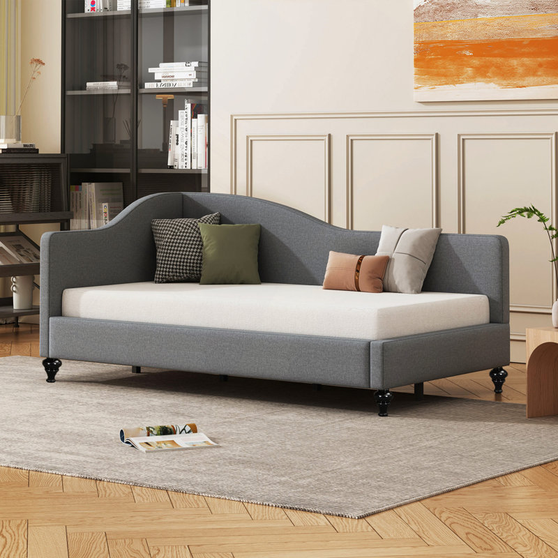 L-Shaped Linen Daybed, With Solid Wood Legs, Gray, Full