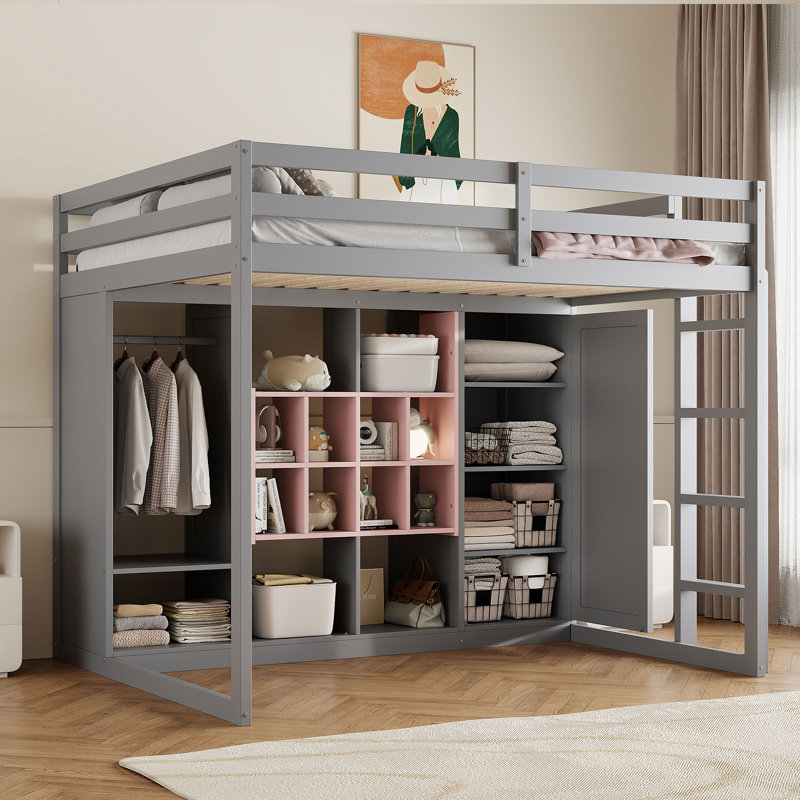 Wood Loft Bed with Built-in Wardrobe, Cabinet & Storage Shelves, Bed for Kids & Small Bedrooms, Pink/Gray, Full
