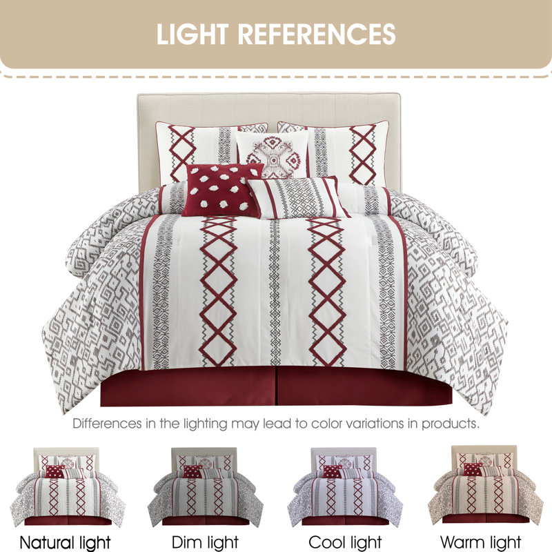 Ensemble d'édredon en microfibre 7 pièces Anthony, Édredon très grand californien + 6 pièces suppl, Blanc /Rouge