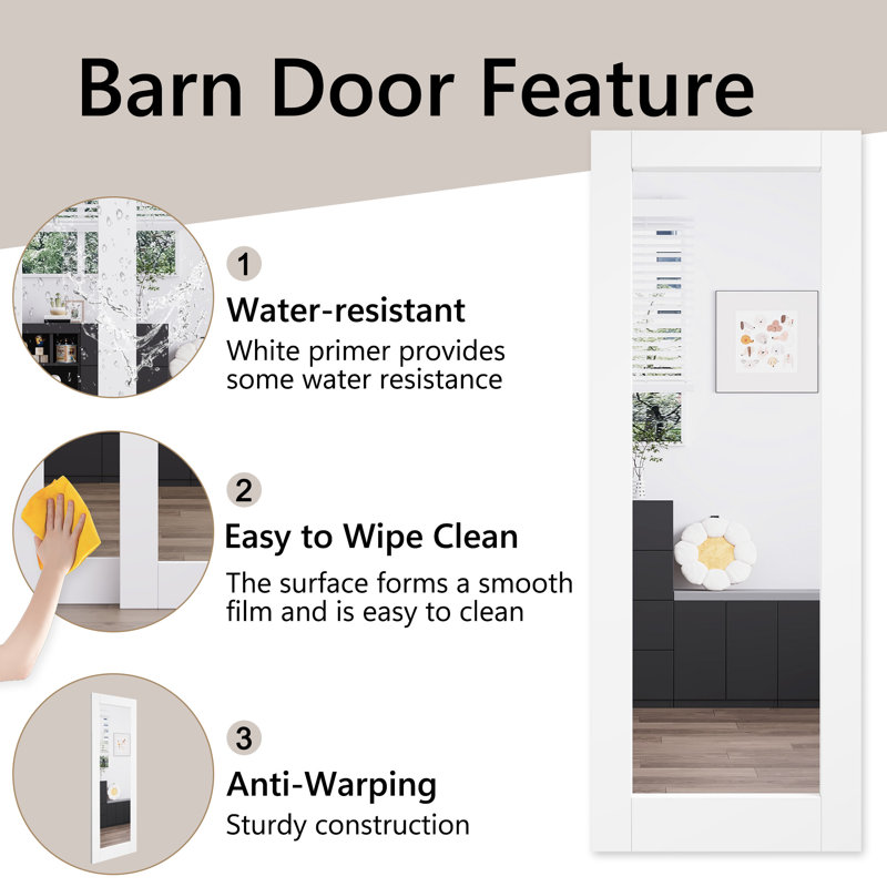 80" 1-Lite Mirror White Primed Solid Core Sliding Bypass Barn Door Double Doors With Hardware Kit, 64" x 80"