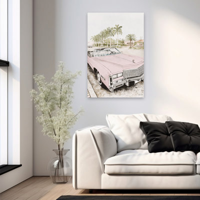 «Coastal Cruisin '- Tropical Vintage, rose classique, Cadillac, palmiers, journée ensoleillée, art