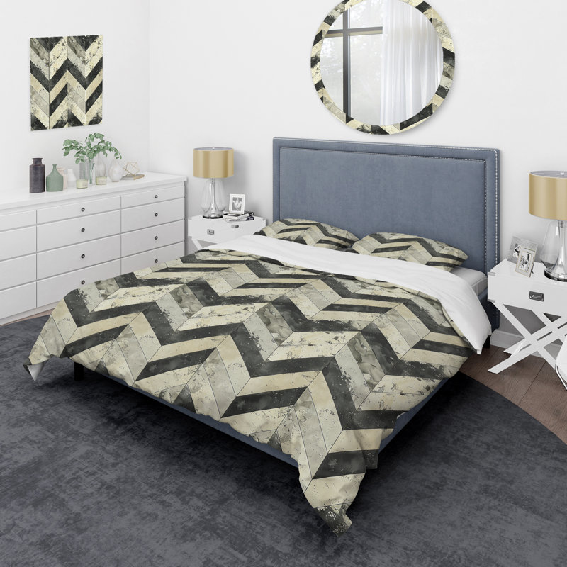 Ensemble de housse de couette moderne à chevrons beige et gris II, Housse de couette pour grand lit et 2 taies décor