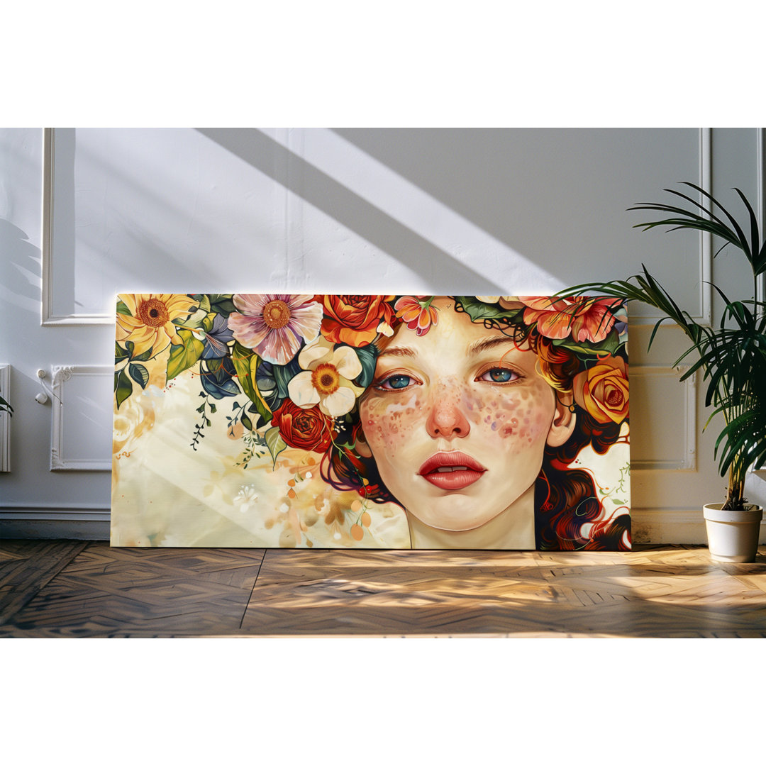 Wandbild 120x60cm Porträt einer jungen Frau Sommersprossen Blumen Sommer