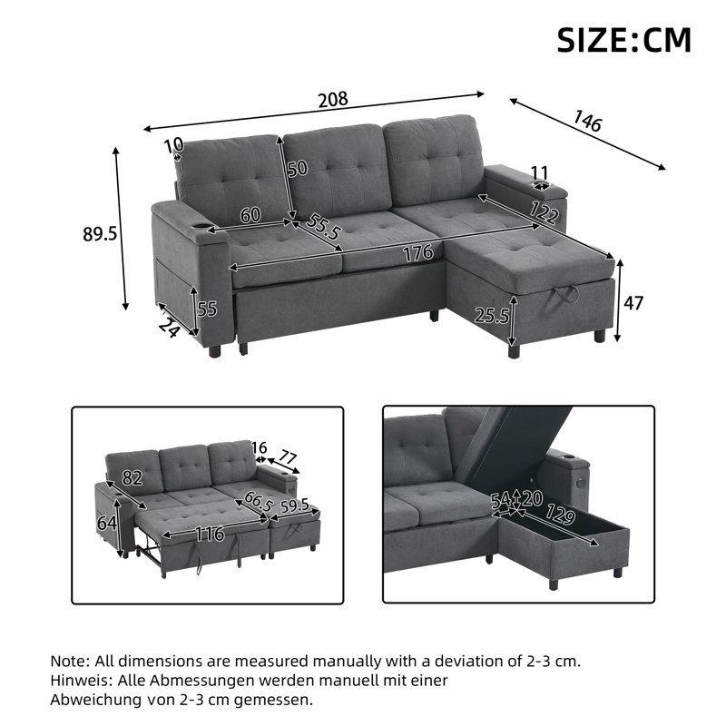 3 Seater Fabric Sofa Bed, Gray