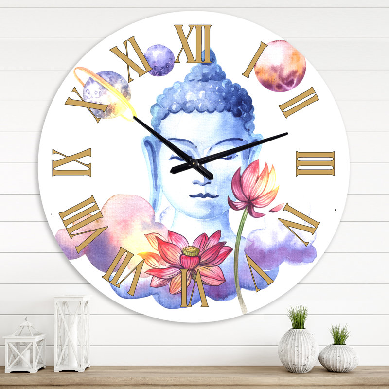 Blue BuddHa avec fleurs et planètes - horloge murale moderne, Très petit
