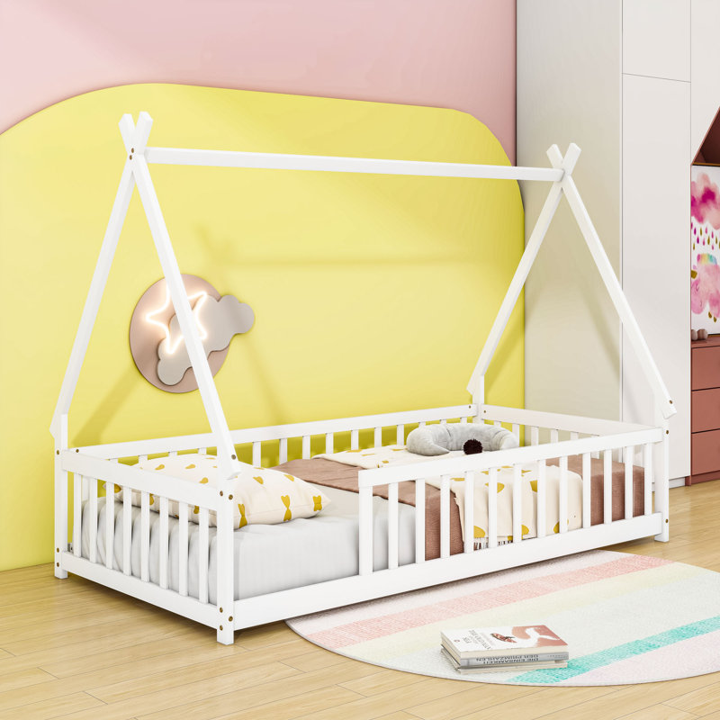 Twin Bed With Guardrails And Slats, White
