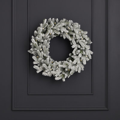 Shadow Woods Flocked Spruce 24in Wreath, Pre-Lit 30 Warm White LED Lights, Plug in