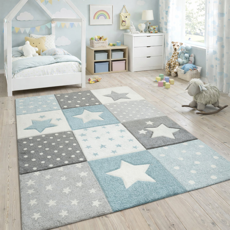 Tapis en polypropylène tissé à la machine Avenelle, Rectangle 6 pi 7 po x 9 pi 6 po, Bleu / blanc / gris