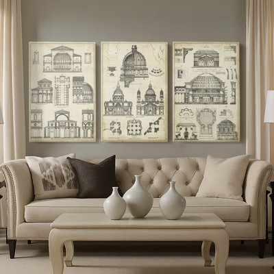 Vintage Architects Plan I  -Custom Wrapped Gallery Canvas - 3 Pieces