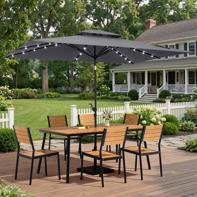 Ensemble de salle à manger en aluminium pour 6 personnes avec chaises empilables, parasol solaire à DEL et base lestée, Tan