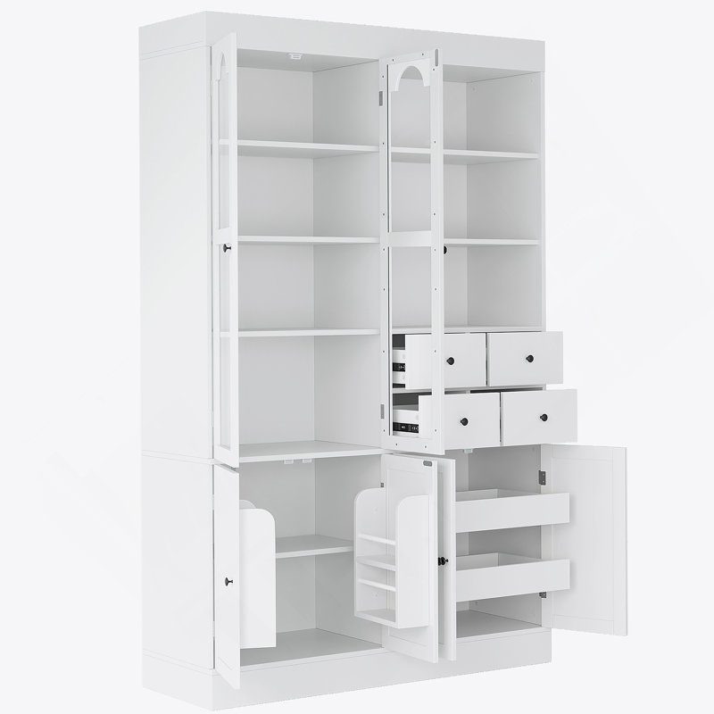 Armoire décorative, buffet autoportant, garde-manger avec tiroirs, tablettes et plateaux coulissants, Blanc